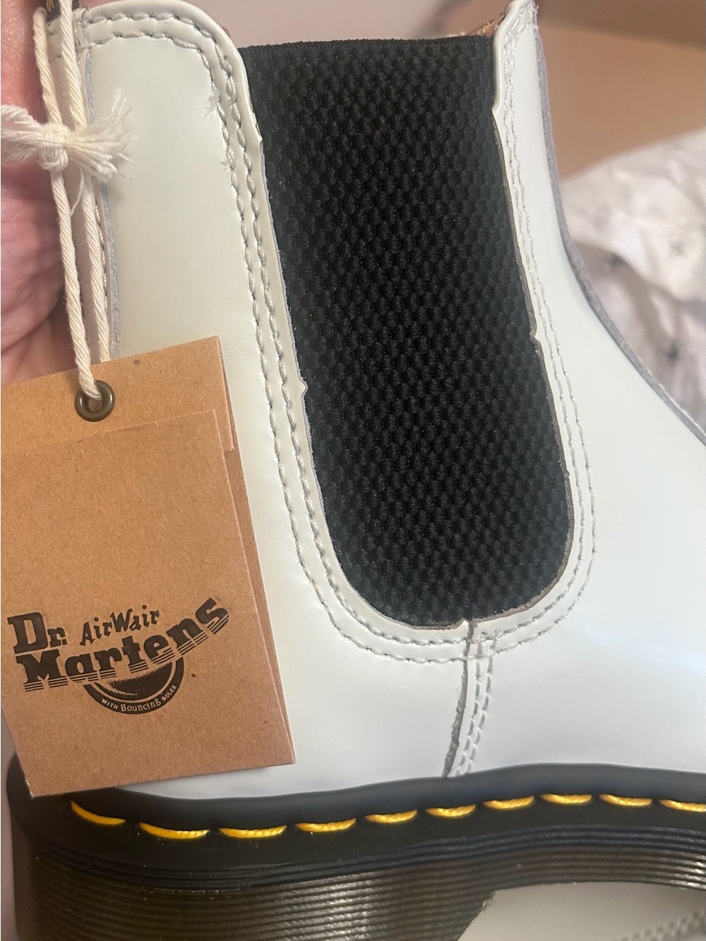 Dr. Martens White Leather Chelsea Boots with Black Elastic and Yellow Stitching - Picture 4 of 6